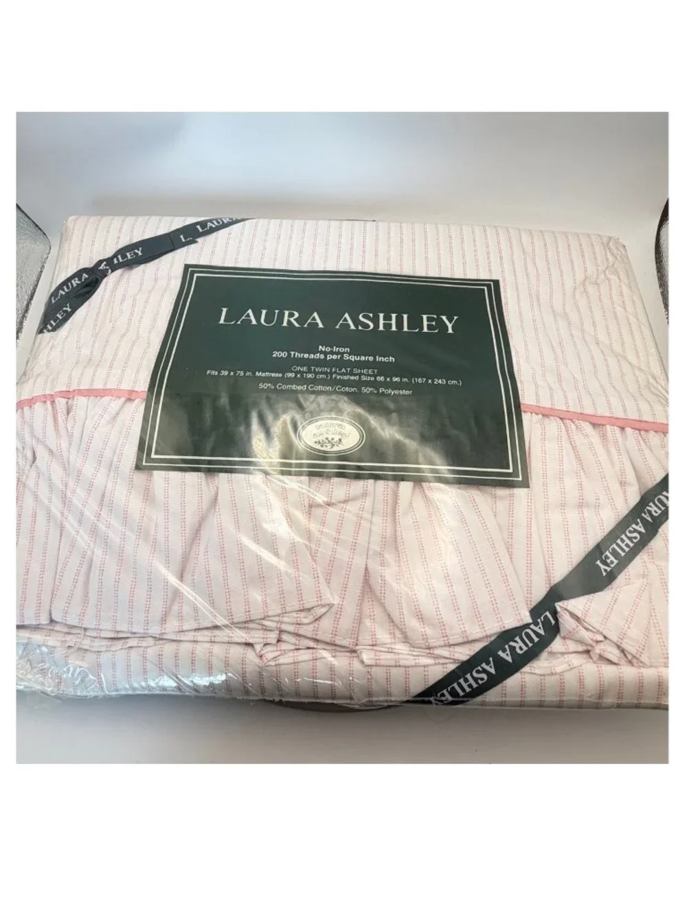 Laura Ashley Pink White Ticking Striped Twin Flat Sheet Ruffles NEW Vintage USA